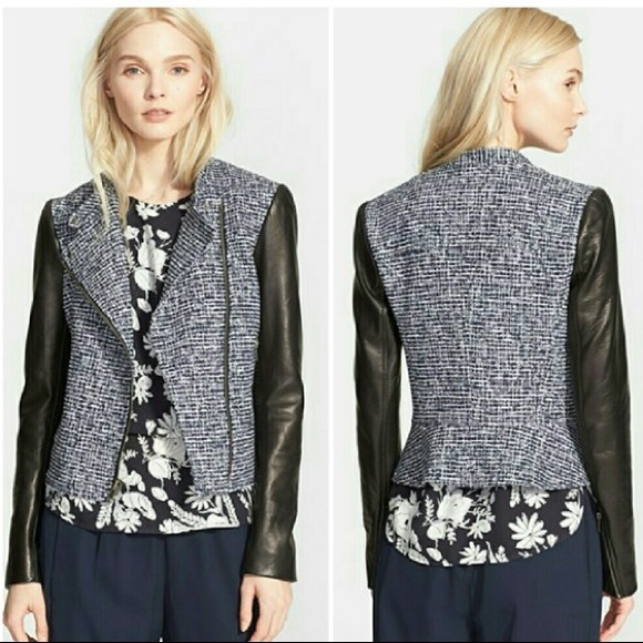 Theory Jackets & Blazers - THEORY Tweed Black Lamb Leather Moto Jacket Blazer